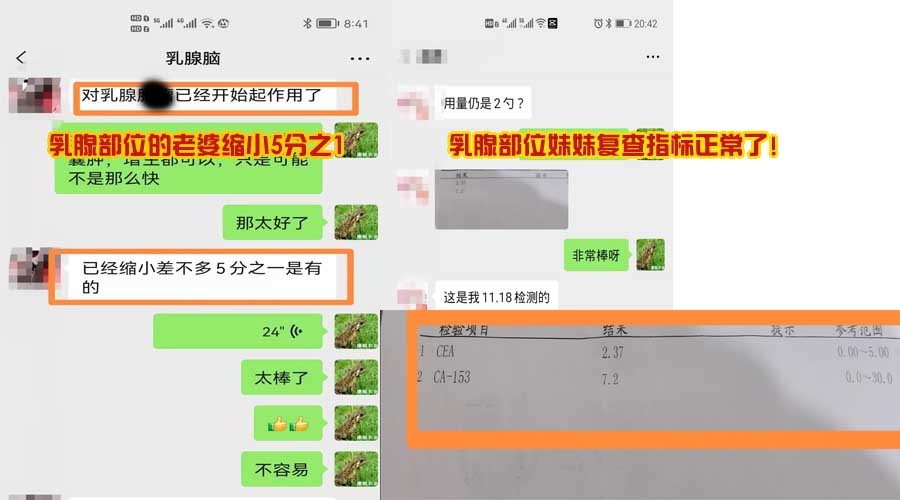 乳腺部位的老婆肿块缩小五分之一；妹妹的复查指标完全正常了！